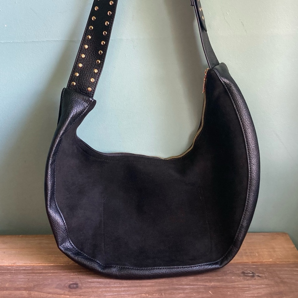 Shiraleah Black Suede & Leather Shoulder Hobo with Studded Strap